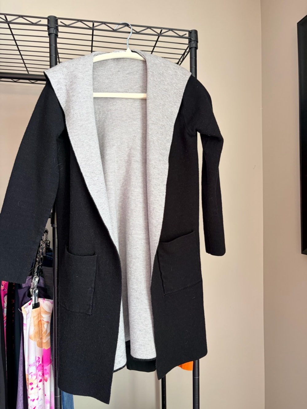 Suzy Shier Black and Light Gray Hooded Open Cardigan
